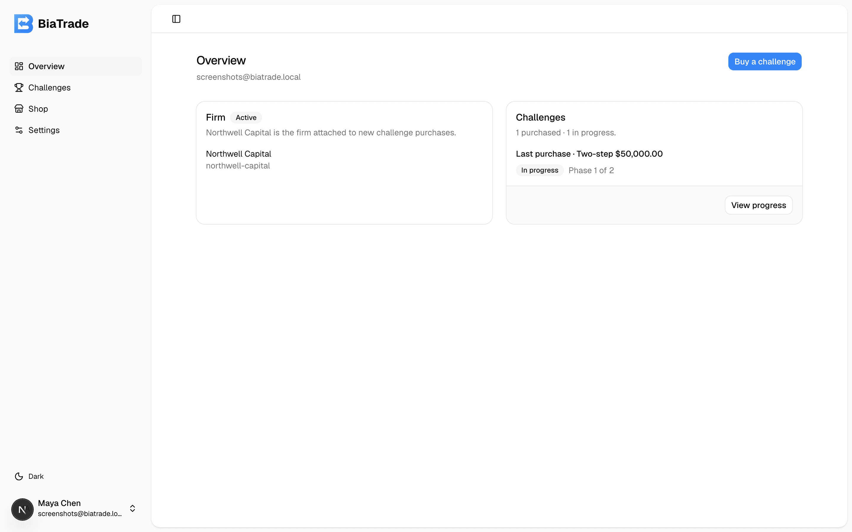 BiaTrade dashboard overview in light mode