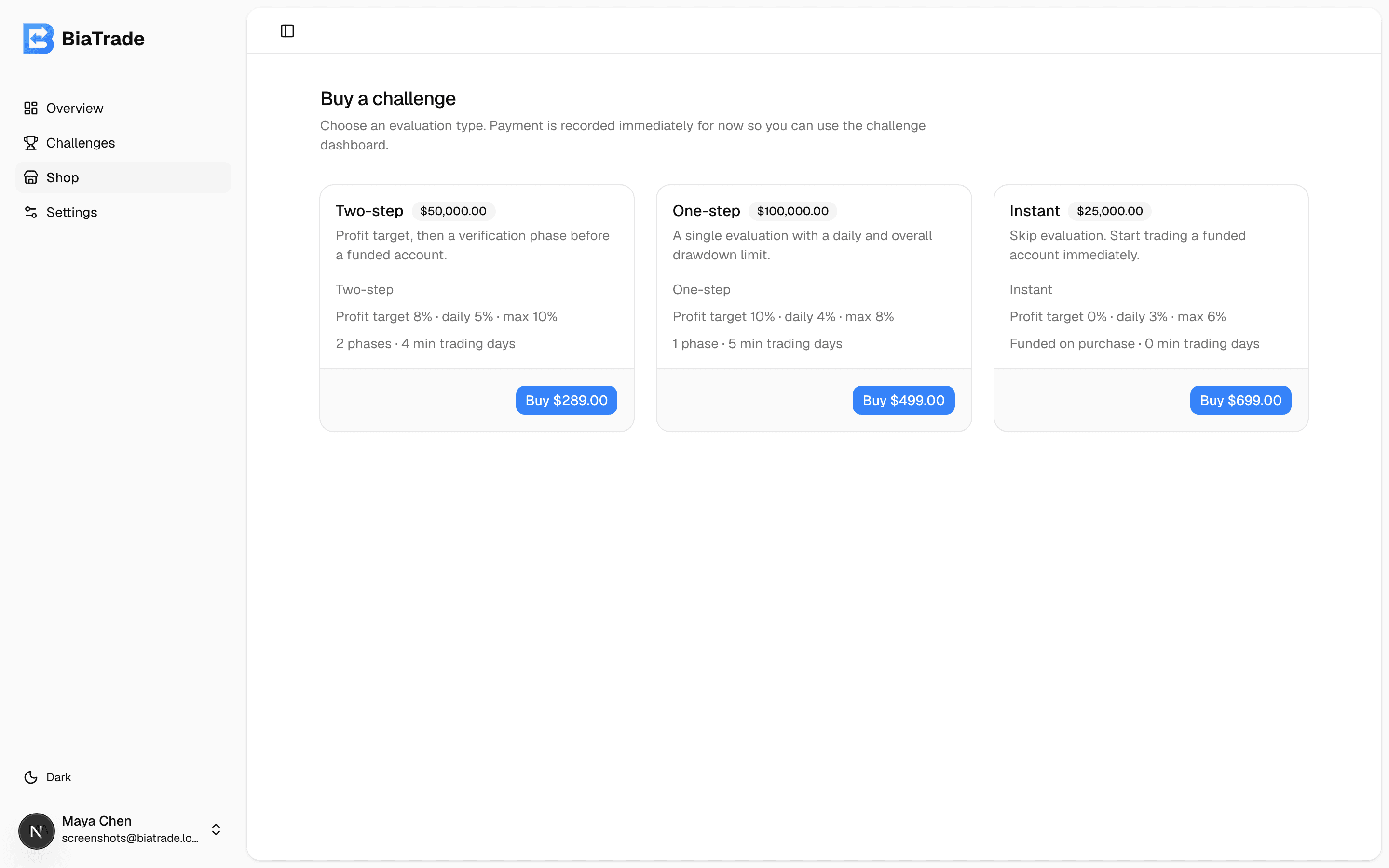Challenge shop with one-step, two-step, and instant accounts